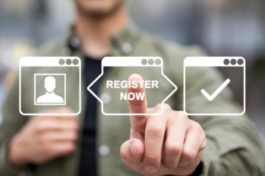 Business person using virtual touch screen presses inscription: REGISTER NOW. Register now business website online technology concept. Registration new account, product