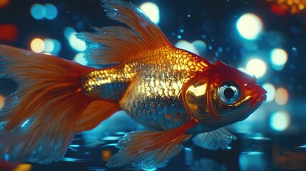 Glowing Goldfish in Luminous Water with Bokeh Lights at Night