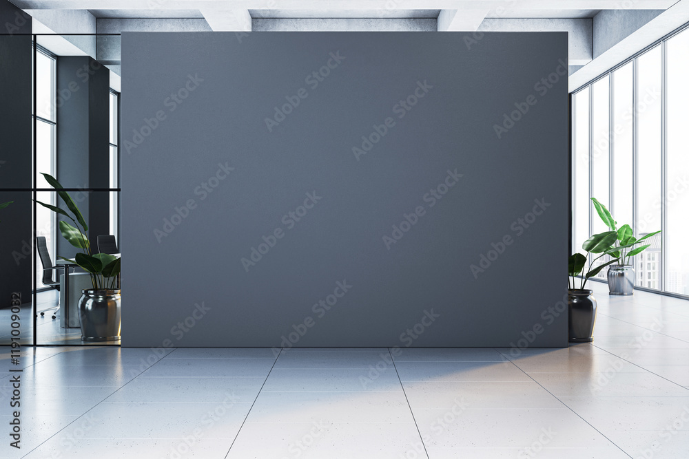 Aufkleber modern empty grey wall in a spacious office interior with plants and large windows. 3d rendering