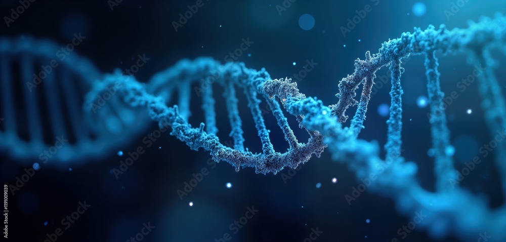 Poster 3d render shows dna double helix structure against blue backdrop. glowing particles surround helix. 