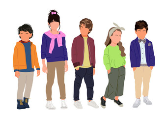 Obraz premium Set of different Kids flat vector realistic illustrations isolated. Group of children in modern casual clothing. Modern elementary, middle school students, kindergarten pupils cartoon characters