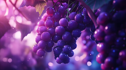 Close-up of a bunch of vibrant purple grapes hanging from a vine, bunch of grape