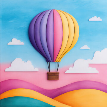 Colorful hot air balloon floating above rolling hills and clouds