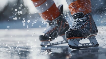 Close-up of ice hockey players’ skates on the ice, in action during a game.