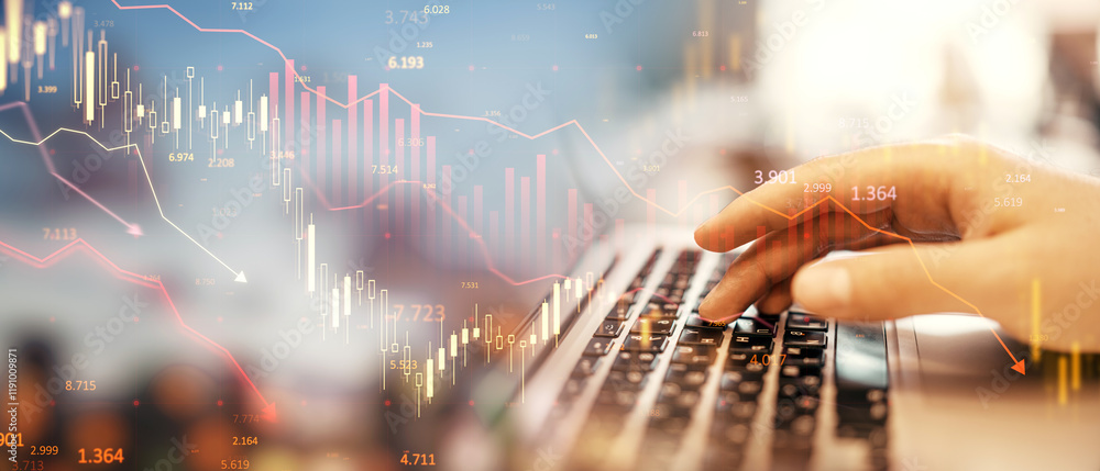 Poster financial data visualization overlaying person using laptop, showcasing stock market trends and trad