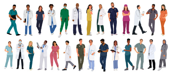 Bundle of standing, walking doctors, nurses, paramedics. Different male, female medic workers in uniform scrubs and white coats, with stethoscopes. Vector illustration
