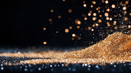 A shower of gold glitter particles falling against a black background, creating a luxurious and festive atmosphere, perfect for premium branding or holiday designs.