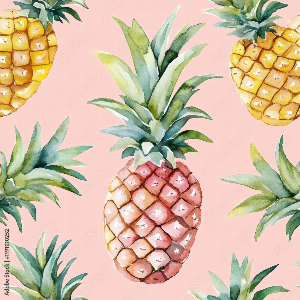 Poster colorful watercolor pattern featuring vibrant pineapples on a soft pink background. generative ai