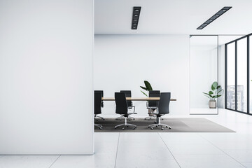Minimalist conference room with chairs and table, modern decor, plants, bright lighting, white walls, and glass partitions, concept of business. 3D Rendering.