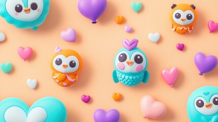 Colorful cute animal figures surrounded by hearts and balloons creating a joyful atmosphere for Valentine's Day celebrations