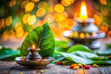 Sacred Bilva Patra Leaves on Blurred Background - Hindu Religious Offering to Shiva Lingam