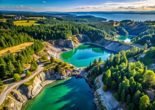 Saanich Peninsula Quarry Aerial: Lush Green Trees, Blue Water, Victoria BC