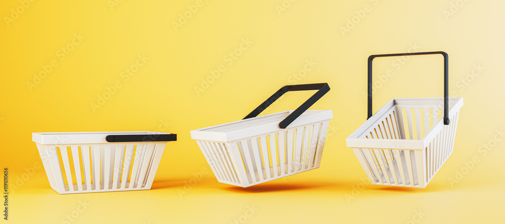 Poster Three shopping baskets with black handles on yellow gradient background. Minimalistic design concept for retail or business theme. 3D Rendering