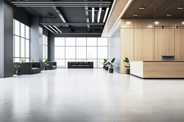Modern reception area with wooden desk, green plants, black sofas, and large windows in contemporary corporate interior design concept. 3D Rendering