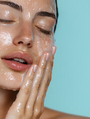 Woman applying skincare product with glowing skin
