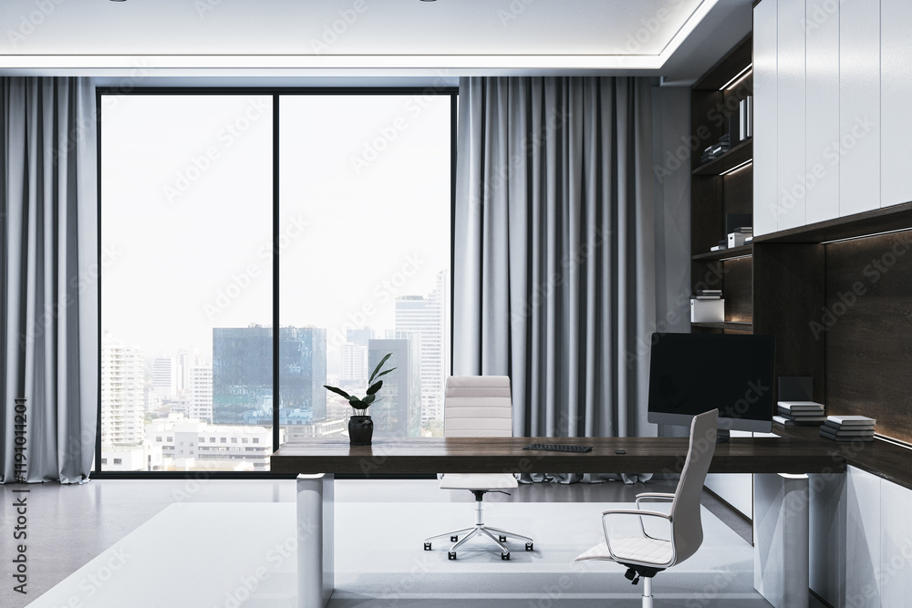 Aufkleber modern executive office interior with large window and city view. 3d rendering