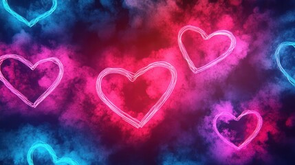 Obraz premium Colorful glowing hearts on abstract background celebrating Valentine Day with vibrant colors and festive atmosphere of love and joy