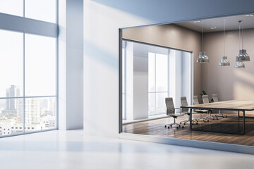 Modern boardroom with glass partitions in a corporate office building and city view through large windows. 3D Rendering