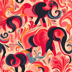 Enchanted Elephant Pattern: A vibrant and whimsical seamless pattern featuring stylized elephants amidst swirling floral motifs in a bold palette of pinks, reds, and blacks.