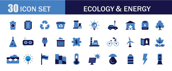 ecology icon set of blue and white solar power, wind power, nature, electric car, solid icon illustration vector
