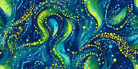 Abstract Whirlwind of Color: A mesmerizing abstract design explodes with swirling, vibrant hues.  Curving lines and scattered dots dance in a vibrant symphony of blue, green, and yellow.