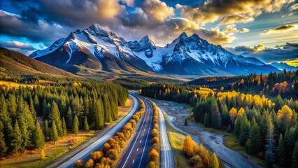 Fototapeta premium Scenic Mountain Road: Drone View of Snow-Capped Peaks