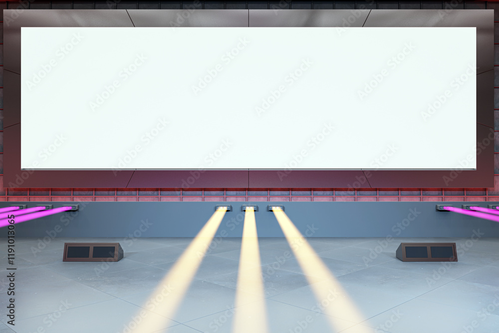 Poster empty modern exhibition hall with blank digital display on wall, lit by colorful spotlights. 3d rend