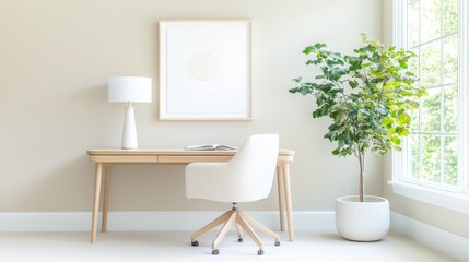 A calming home office with beige walls, a light wood desk with a white desk lamp, a comfortable office chair, and a gallery wall displaying minimalist art prints.