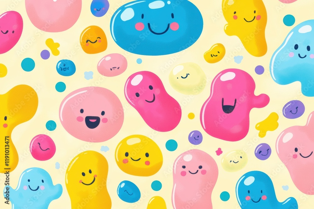 Fototapete cartoon microbes with cheerful faces create a vibrant and playful pattern on a bright background. ge