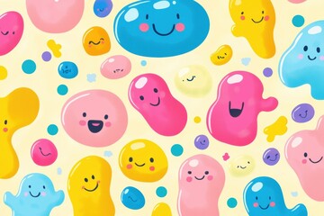 Cartoon microbes with cheerful faces create a vibrant and playful pattern on a bright background. Generative AI