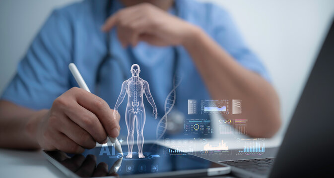 Futuristic representation of AI technology in healthcare, with a virtual brain glowing in a doctor's hand, emphasizing innovation, intelligence and the integration of smart systems in medical fields