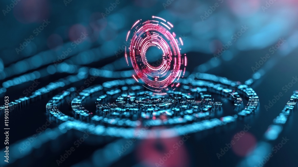 Poster a futuristic heads up display (hud) interface with a moving target icon tracking a digital object, c