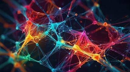 Abstract rainbow colored polygonal neural connections on dark space background