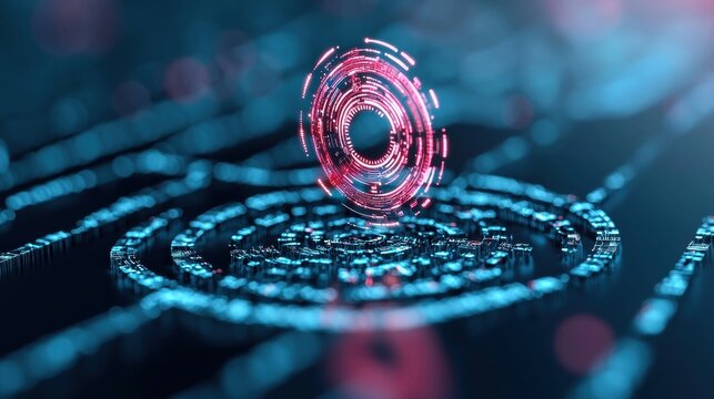 A futuristic heads up display (HUD) interface with a moving target icon tracking a digital object, conveying a sense of technological advancement in targeting systems.