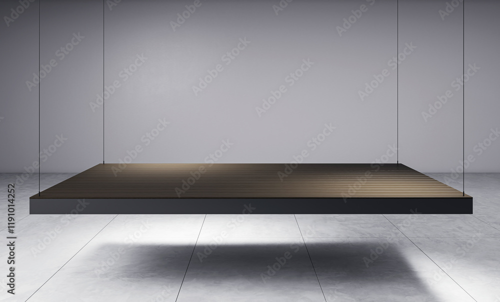 Poster minimalist wooden platform hanging in a modern interior room with clean gray walls and tiled floor. 