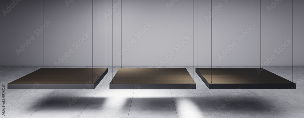 Poster Hanging wooden planks in a minimalistic interior with clean background, creating a modern and creative design template. 3D Rendering