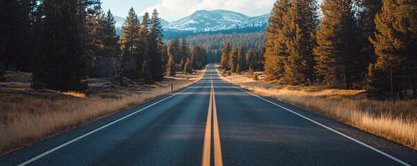 Empty asphalt road leading to snowy mountain through pine forest