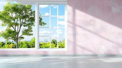 Sunny Room Interior Design  Pink Wall  Large Window  City View
