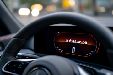 Dashboard display shows subscription prompt in a modern car during evening drive