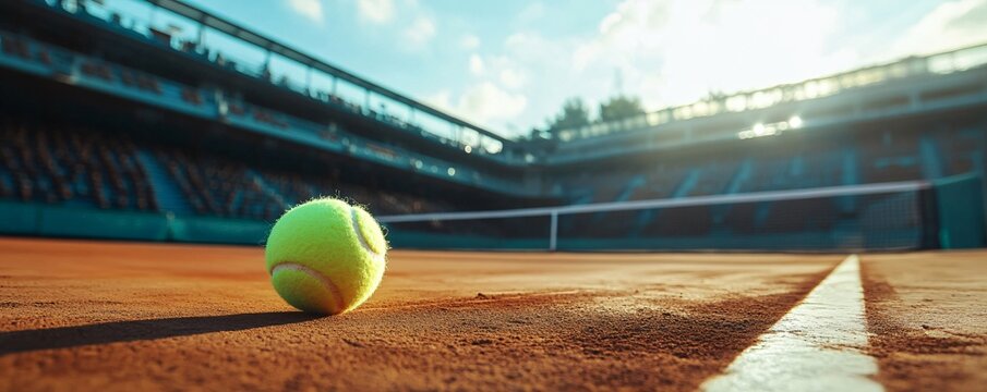 Tennis ball lying on clay court in a stadium during a sunny day