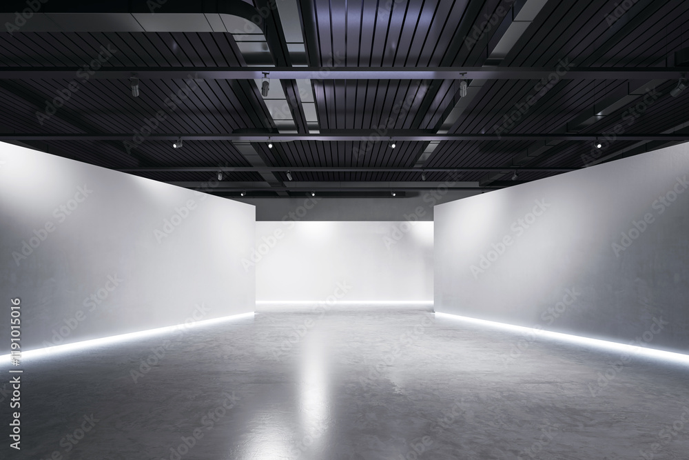 Poster Modern empty gallery with white walls and industrial ceiling in clean minimalist design. 3D Rendering