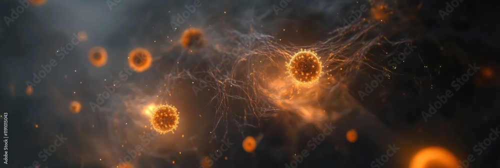 Poster viruses attacking human cells during the infection process in a dark microscopic environment. genera