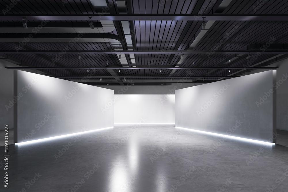 Poster Modern empty gallery interior with clean design, featuring illuminated walls and industrial ceiling in a contemporary space. 3D Rendering