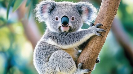 Obraz premium Adorable koala joey clinging to a tree branch.