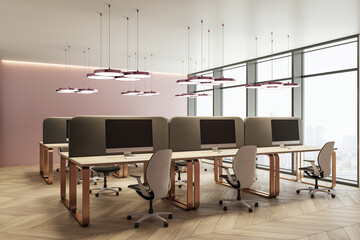 Modern corporate office interior with ergonomic furniture, wooden flooring, and large windows overlooking city views. 3D Rendering