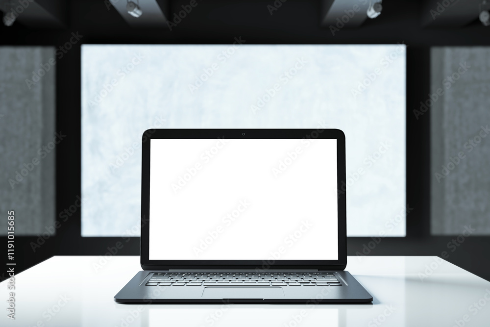 Poster Blank laptop screen on modern desk in office setting with sleek background. 3D Rendering