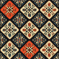 Ornate Tile Pattern: A vibrant and intricate seamless pattern featuring a collection of stylized floral motifs arranged in a geometric grid against a dark backdrop.