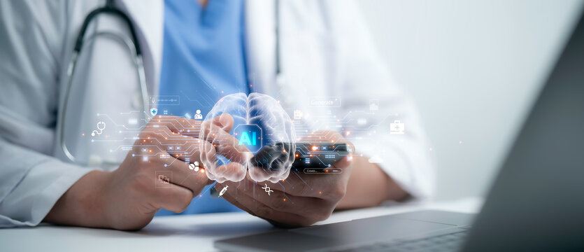Medical worker use futuristic AI-powered brain hologram symbolizing advanced healthcare technology and intelligent diagnostics. medical innovation, AI research, and smart healthcare solutions