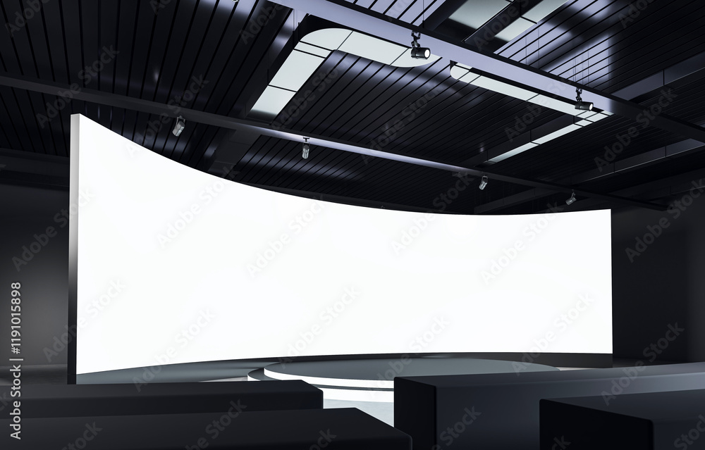 Poster curved blank white screen in a modern dark exhibition hall with seating and lighting. 3d rendering