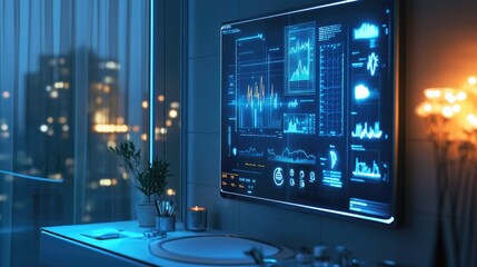 Obraz premium Modern Bathroom with High-Tech Digital Mirror and Futuristic Data Display